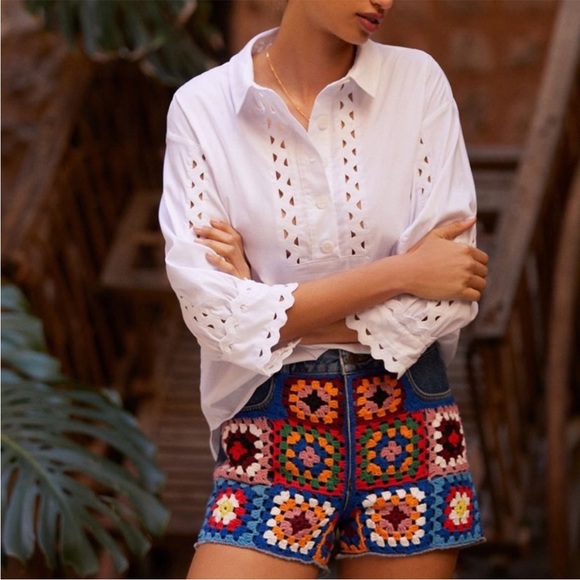 Farm Rio Free People Anthropologie Crochet Denim Jean Shorts Granny Square 28P